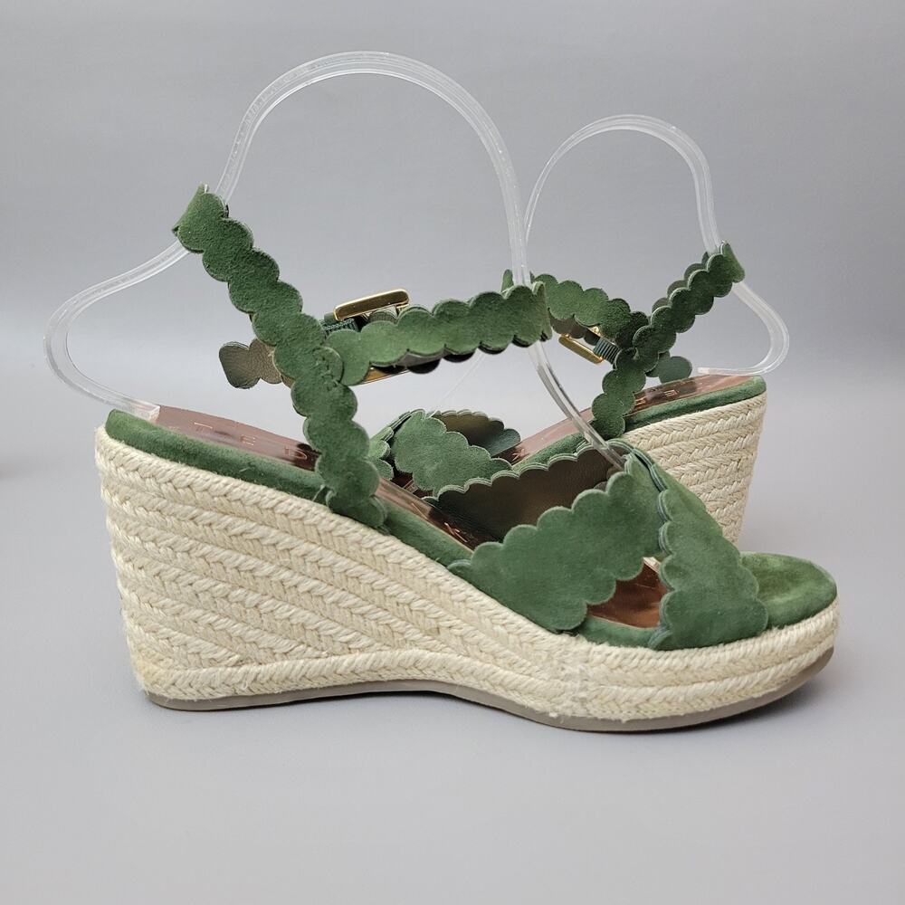 Ted Baker London Wedge Espadrille Sandal Green Suede Scallop Size 7.5 US 38 EU - Picture 3 of 12